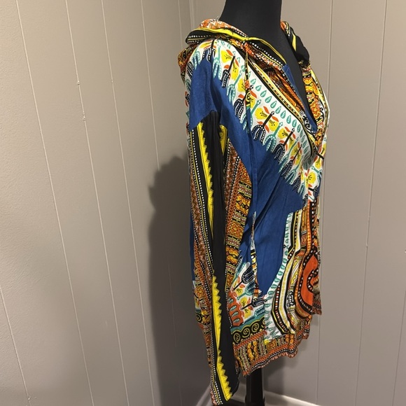 Earthbound Trading Co flowy Aztec print split neckline drawstring hoodie top. - Picture 2 of 6